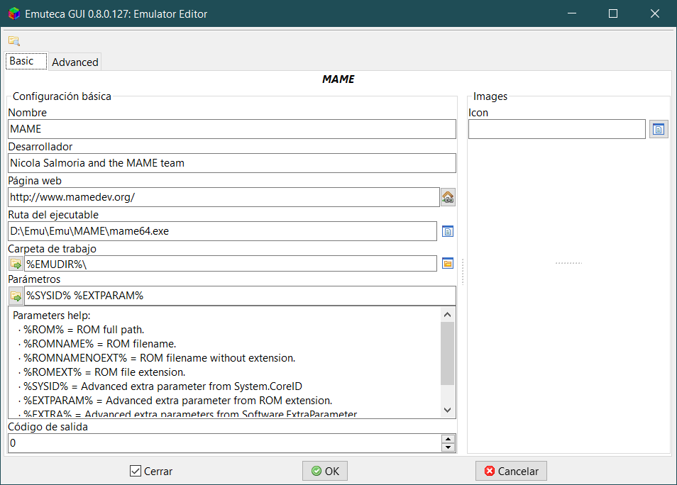 Editor de Emuladores, pestaña Básica