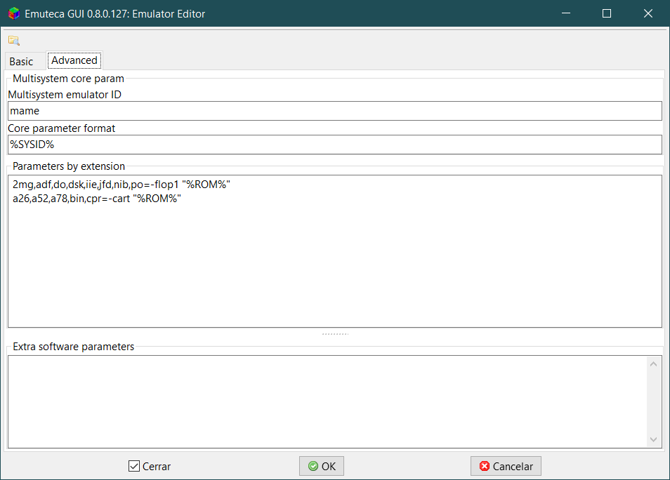 Editor de Emuladores, pestaña Avanzada